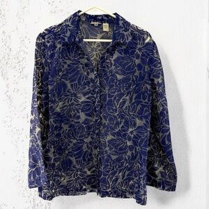 Chico's Blue Rayon Linen Blend Floral Sheer Blouse size 2(L/XL)